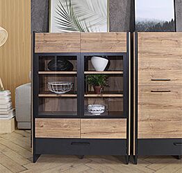 Vetrinetta industry 2 ante 1 cassetto, finitura Rovere Waterford e Nero