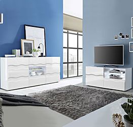 Sala moderna, composta da Madia e Porta TV Onda, Bianco Lucido