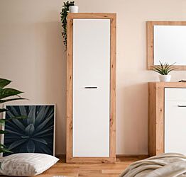 Armadio multiuso 1 anta con 5 ripiani, finitura bianco lucido e quercia