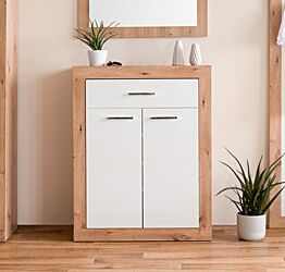 Scarpiera moderna, 2 ante 1 cassetto, in finitura bianco lucido e artisan oak