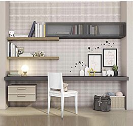 Zona studio con pensili e mensole, finitura Canapa, Noce Gold e Grigio titanio