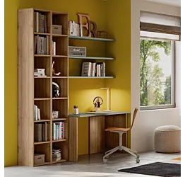 Zona studio per ragazzi con scrivania e libreria, Noce biondo e Agave