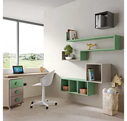 zona studio con mensole e cassettiera