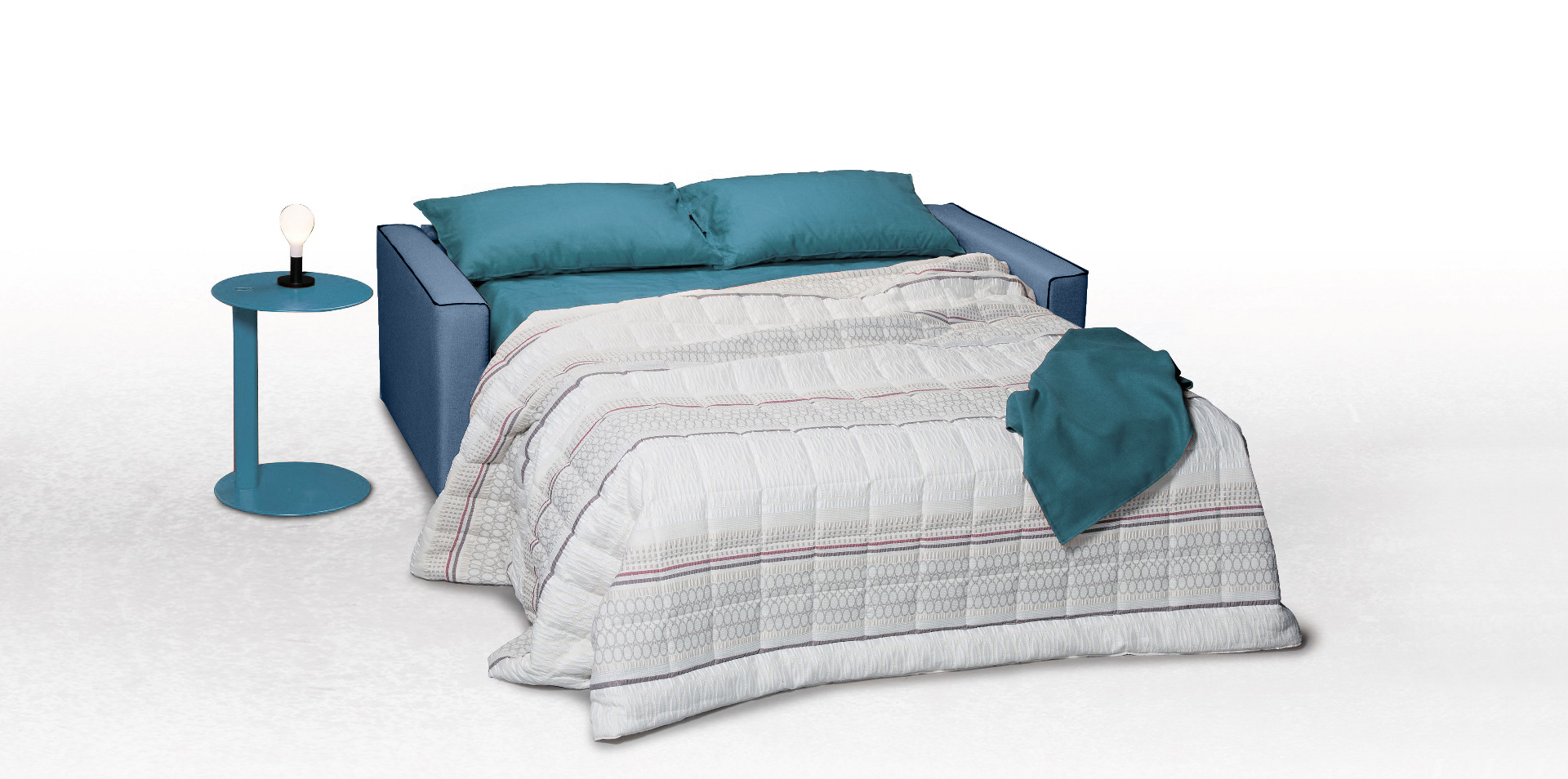 Divano letto moderno a 3 posti con larghi braccioli in finitura Ceruleo