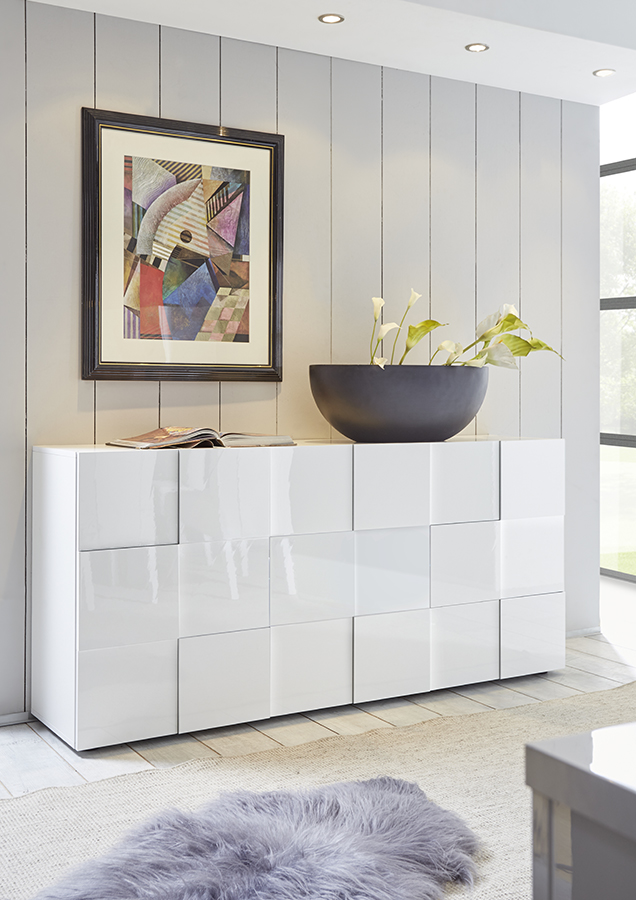 Credenza Moderna, Madia di Design, 3 ante, Bianco Lucido