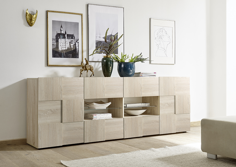 Credenza Moderna, Madia di Design, 2 ante e 4 cassetti, Rovere Samoa