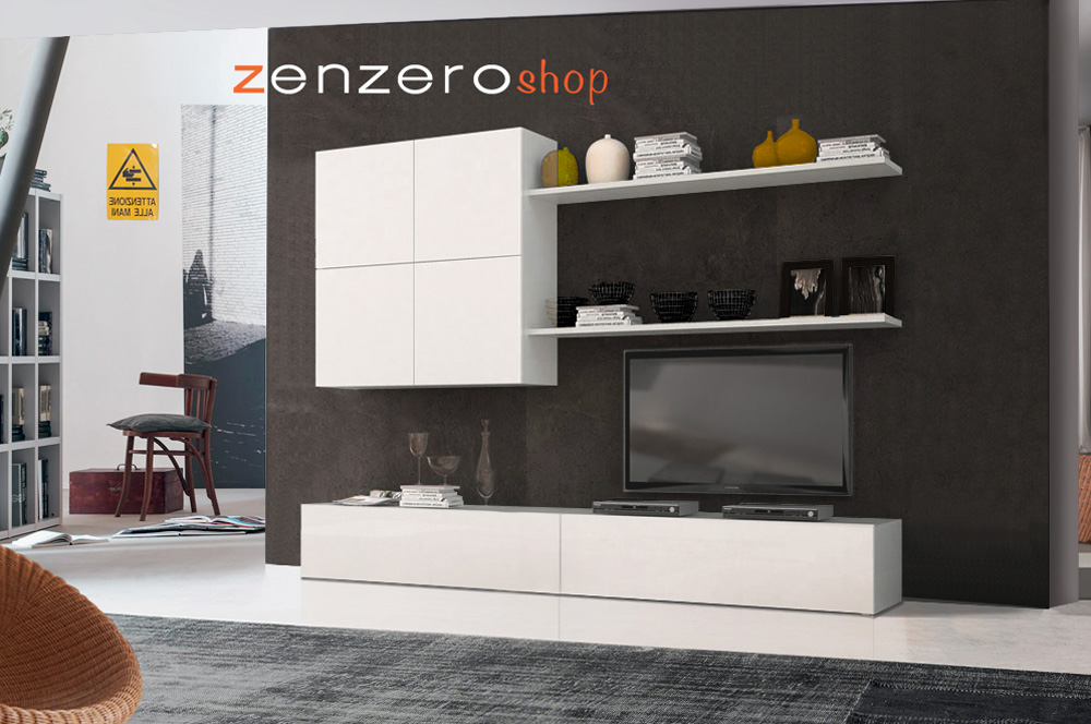 Parete attrezzata piccola, soggiorno David in larice bianco, prezzo economico