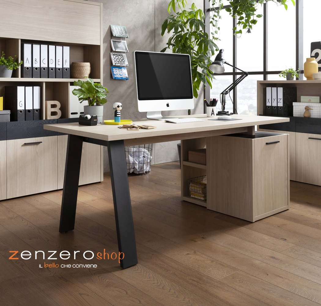 Scrivania Leonardo con cassettiera in finitura Rovere e Nero chalet