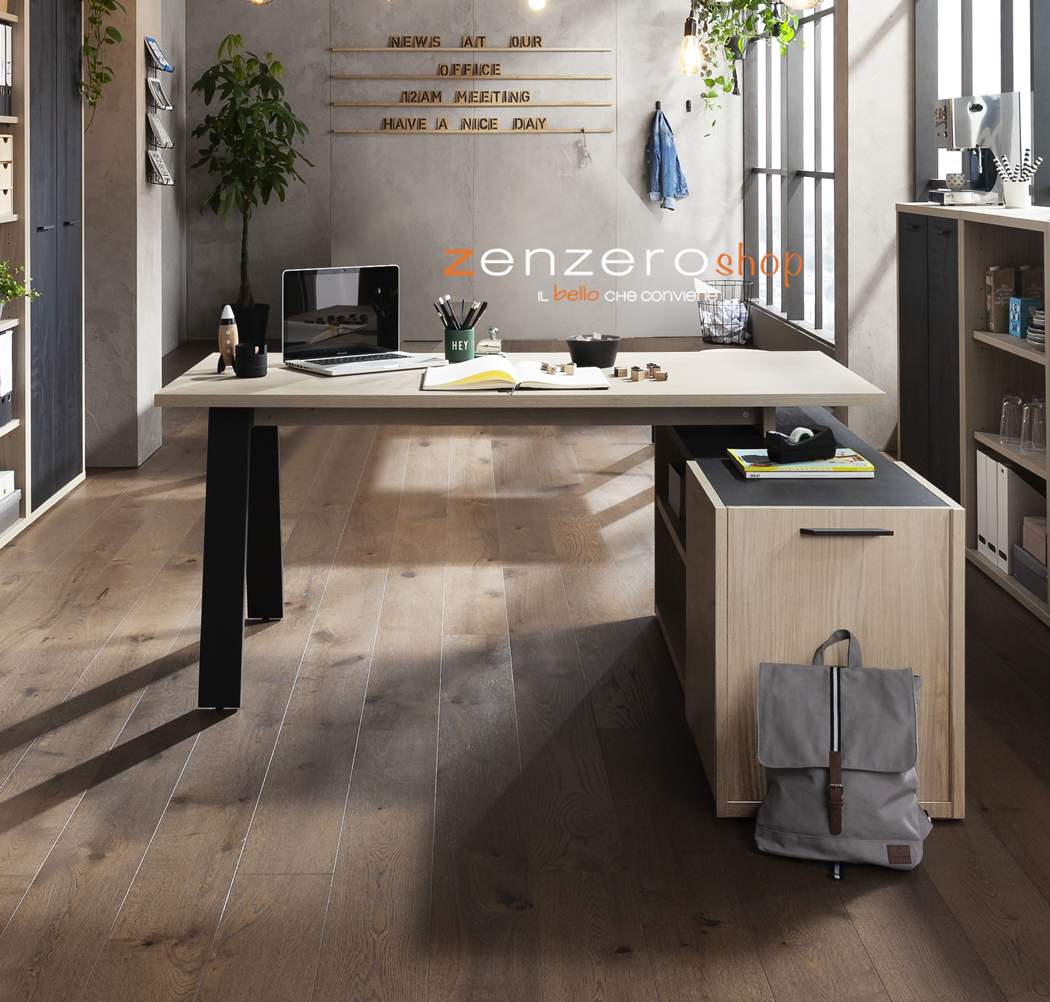 Scrivania Leonardo con cassettiera in finitura Rovere e Nero chalet