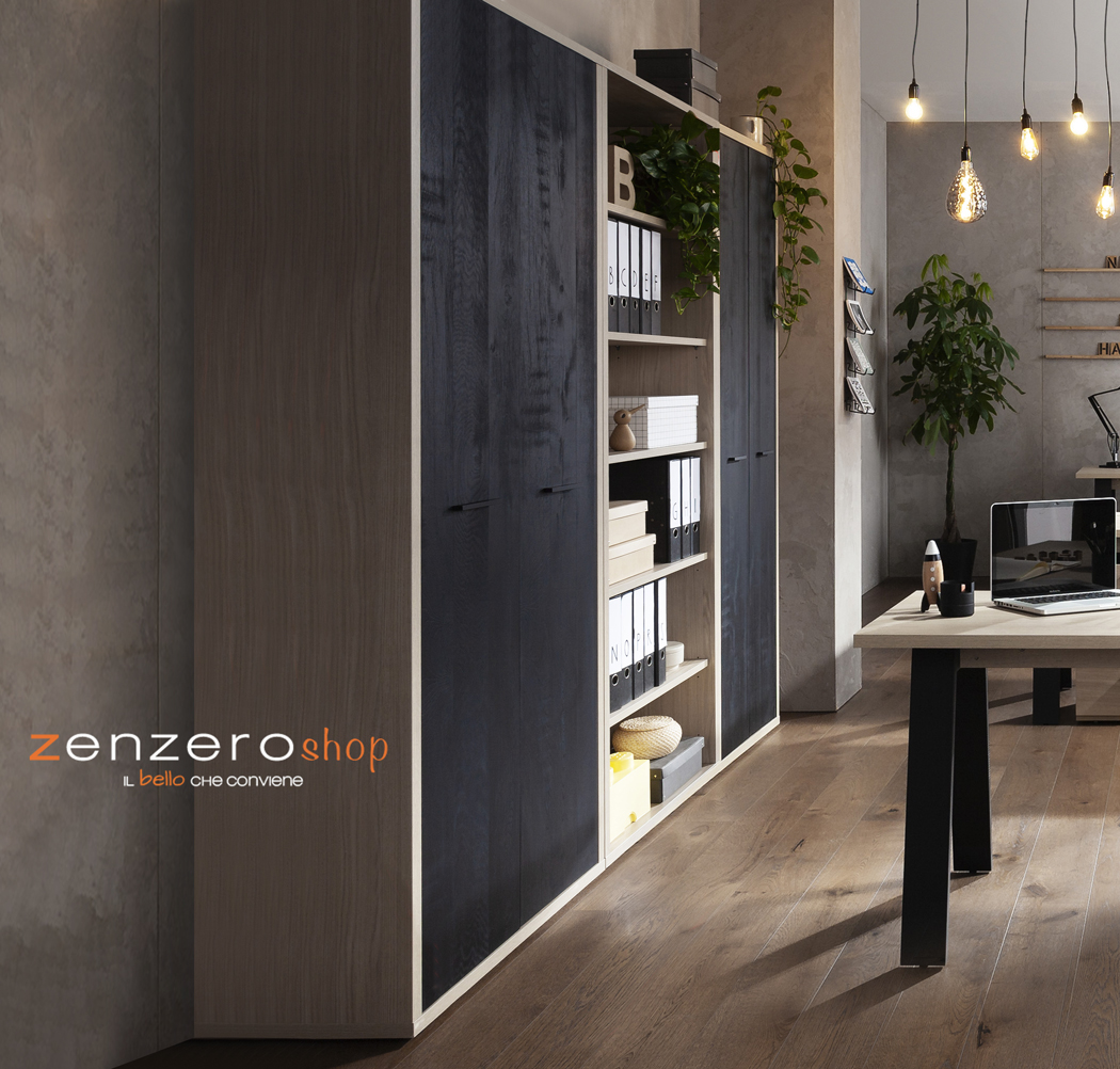 Librerie Leonardo con ante e ripiani in finitura Rovere e Nero chalet 