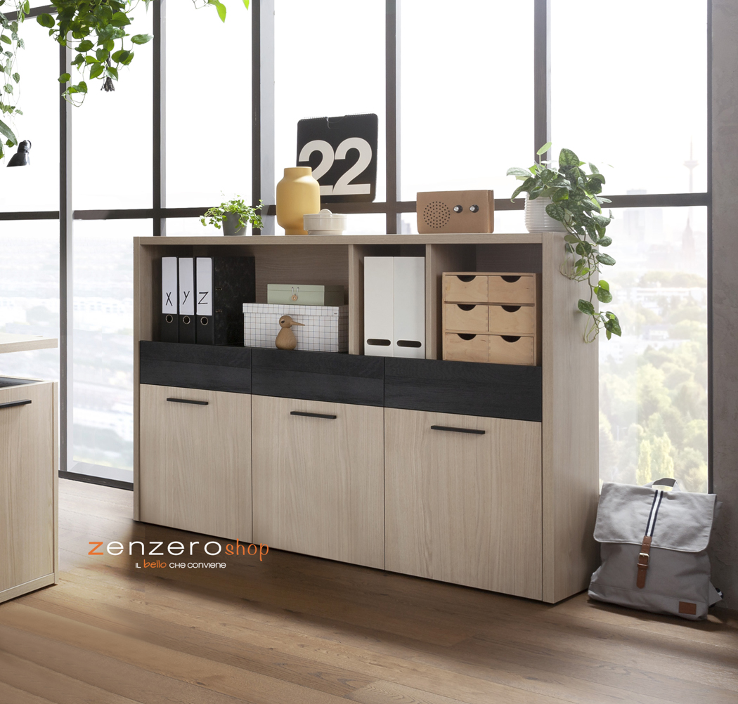 Libreria attrezzata Leonardo con 3 ante in finitura Rovere e Nero chalet 