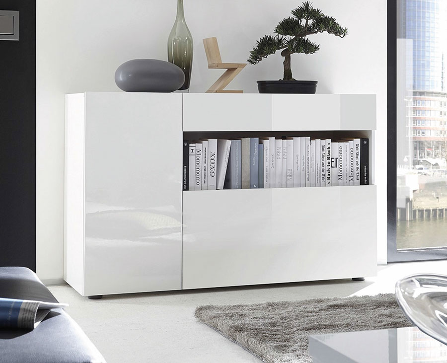 Credenza con vano a giorno, finitura bianco lucido