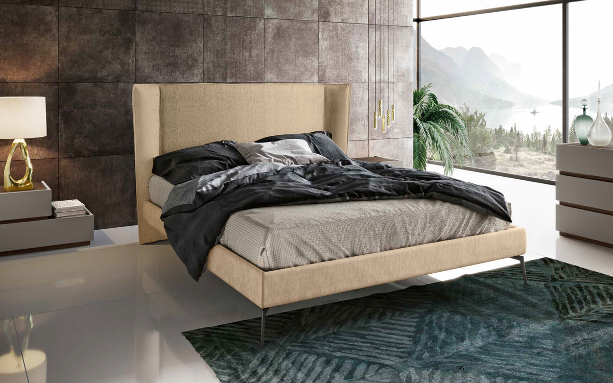 Letto matrimoniale moderno con piedini, finitura tessuto Panna