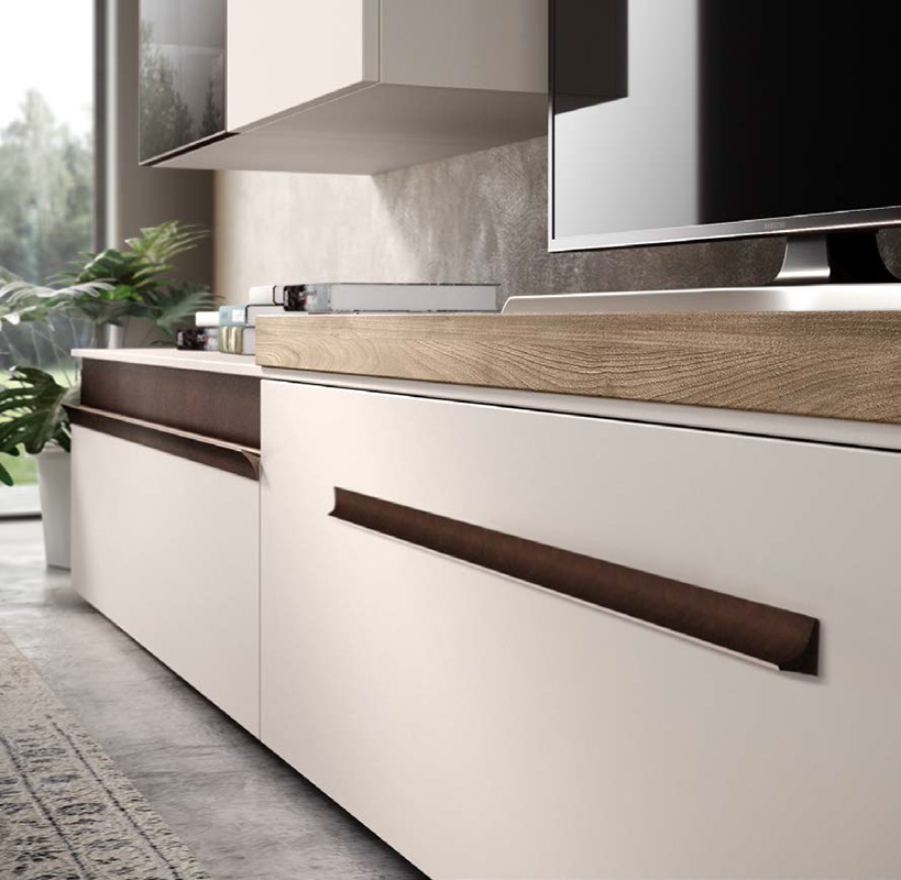 Parete attrezzata moderna Huron in finitura Cachemire, Grigio londra e Noce naturale