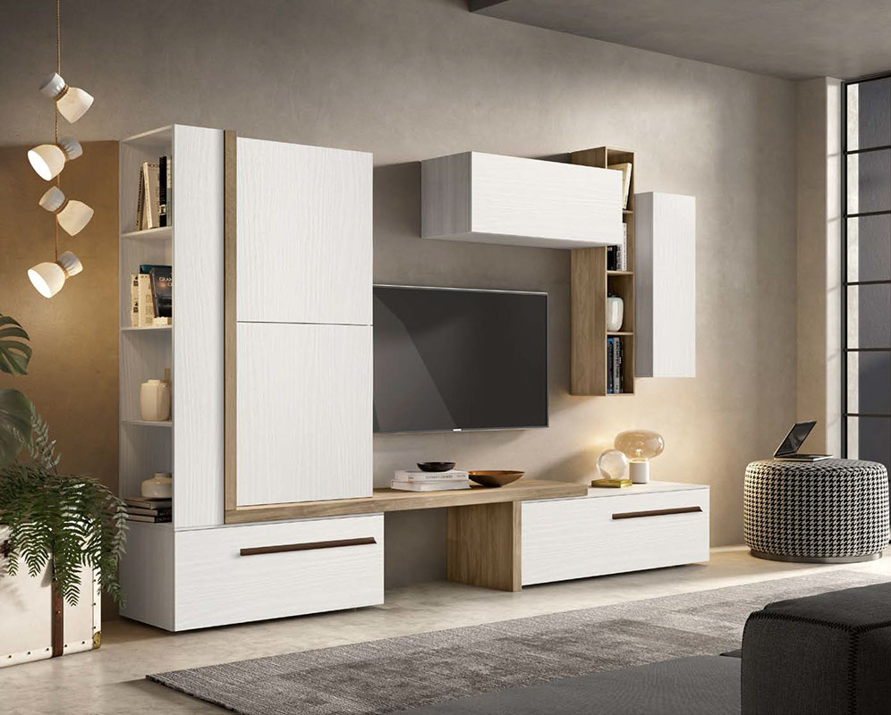 Parete attrezzata moderna Erie in finitura Noce bianco e Noce naturale