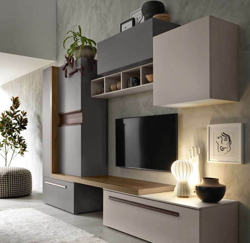 Parete attrezzata moderna Winnipeg in finitura Cachemire, Grigio londra e Noce naturale