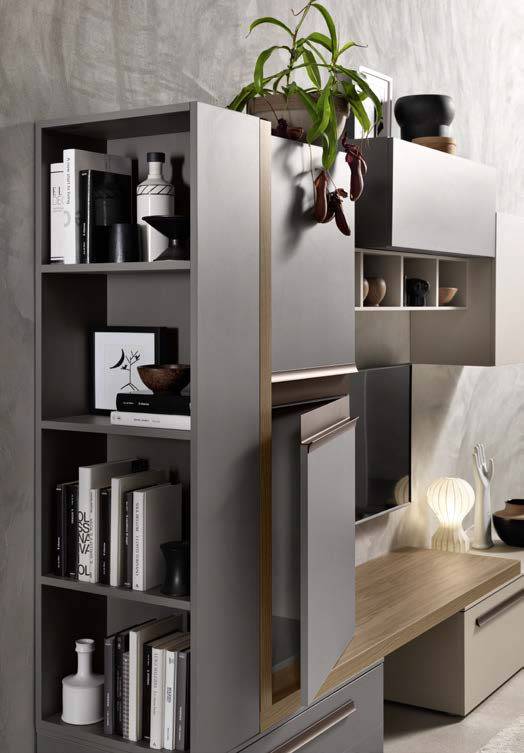 Parete attrezzata moderna Winnipeg in finitura Cachemire, Grigio londra e Noce naturale