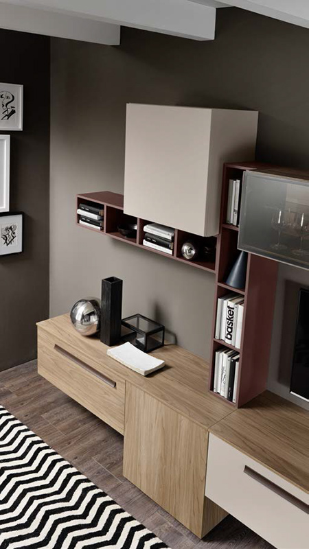 Parete attrezzata moderna Nyasa in finitura Cachemire, Noce naturale e Rosso siena 