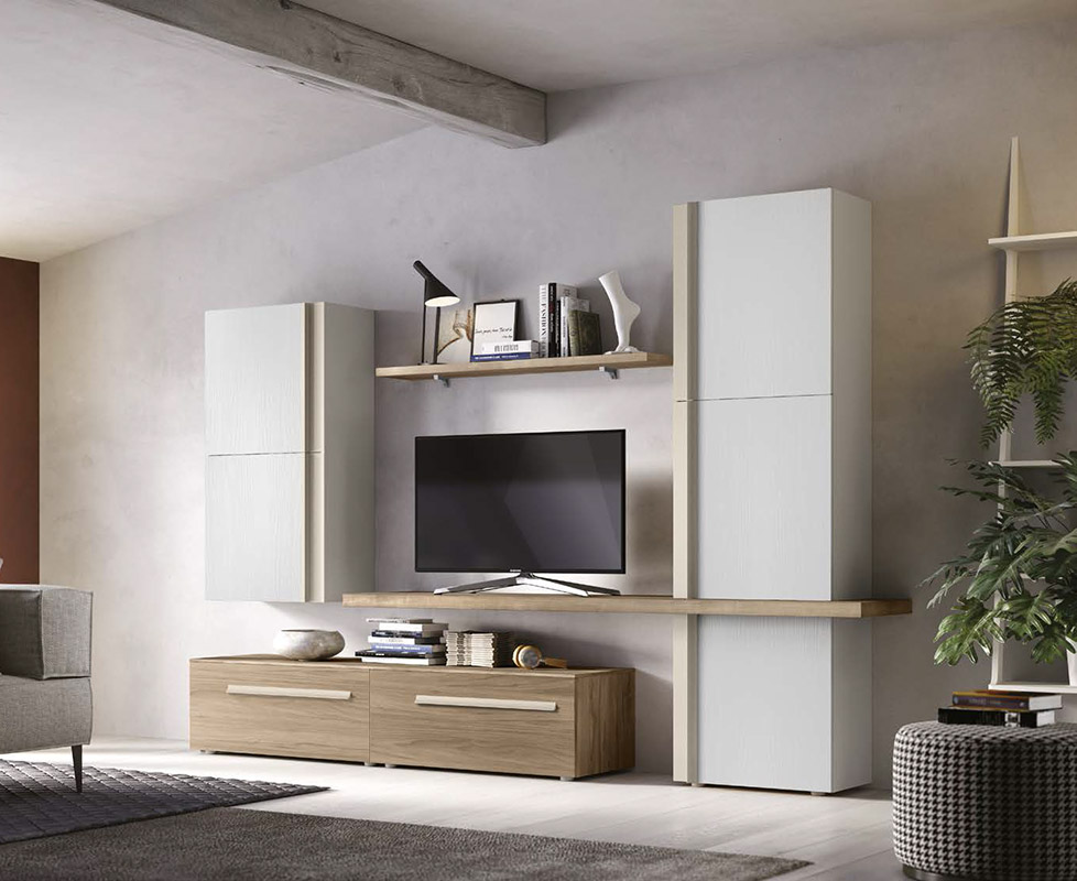 Parete attrezzata moderna Yamdrok in finitura Noce bianco e Noce naturale