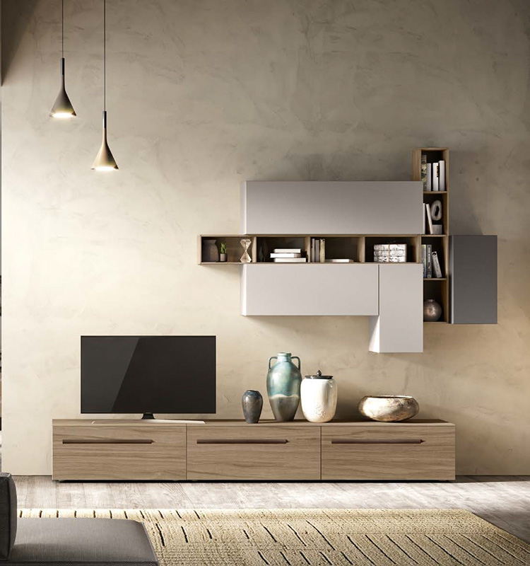 Parete attrezzata moderna Powell in finitura Cachemire, Grigio londra e Noce naturale