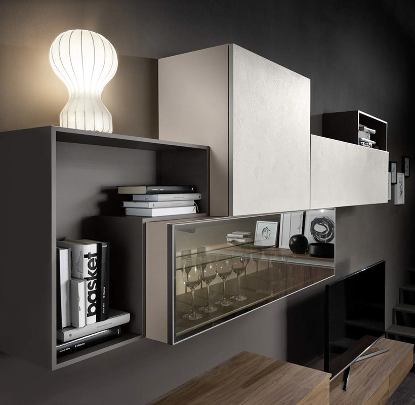 Parete attrezzata moderna Peyto in finitura Noce naturale, Calce e Grigio londra