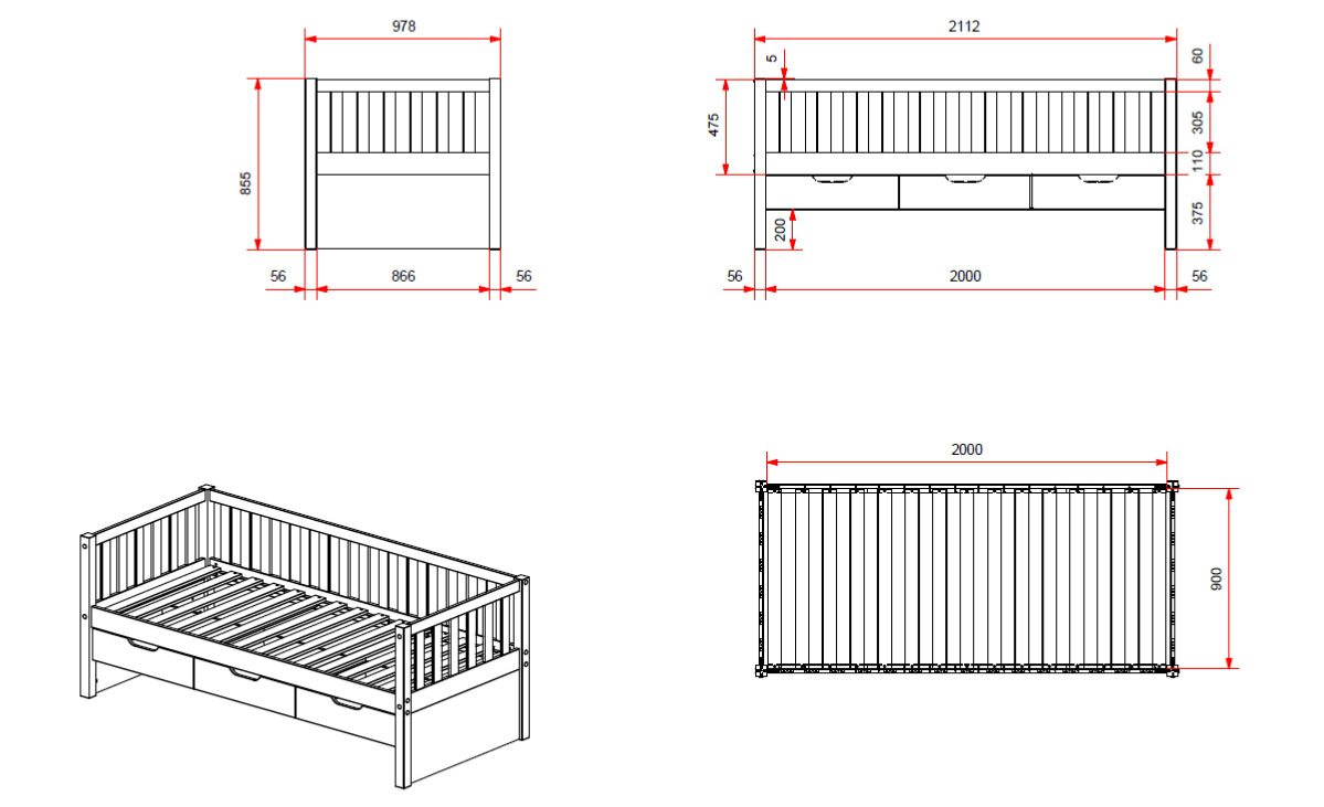 Divano letto pino massello con secondo estraibile e 3 cassetti, disponibile in due colorazioni