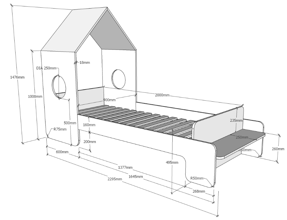 Letto singolo design casetta per bambini, bianco laccato