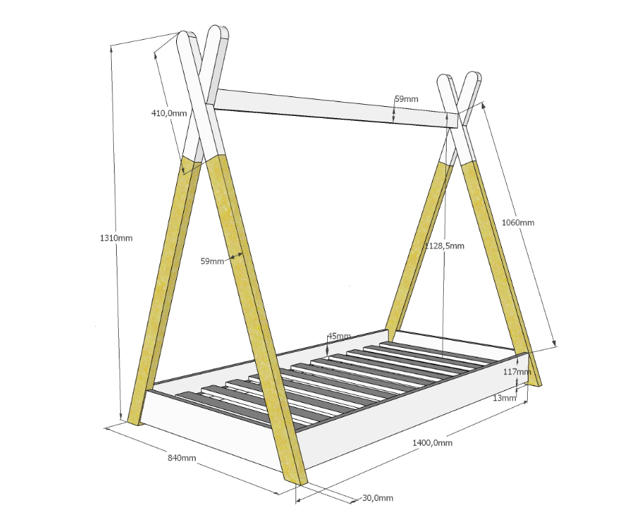 Lettino montessoriano bambini 70x140, Pino naturale e Bianco laccato