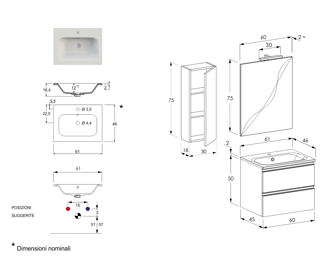 Mobile per bagno con lavabo integrato, Havasu 26 Bis 