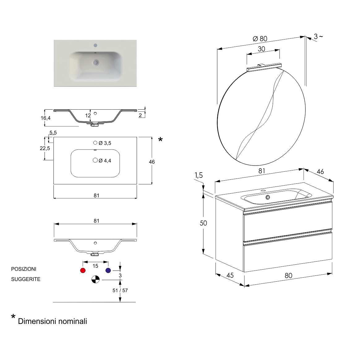 Offerta mobili bagno, mobile con lavabo integrato e  2 cassetti, Havasu 22