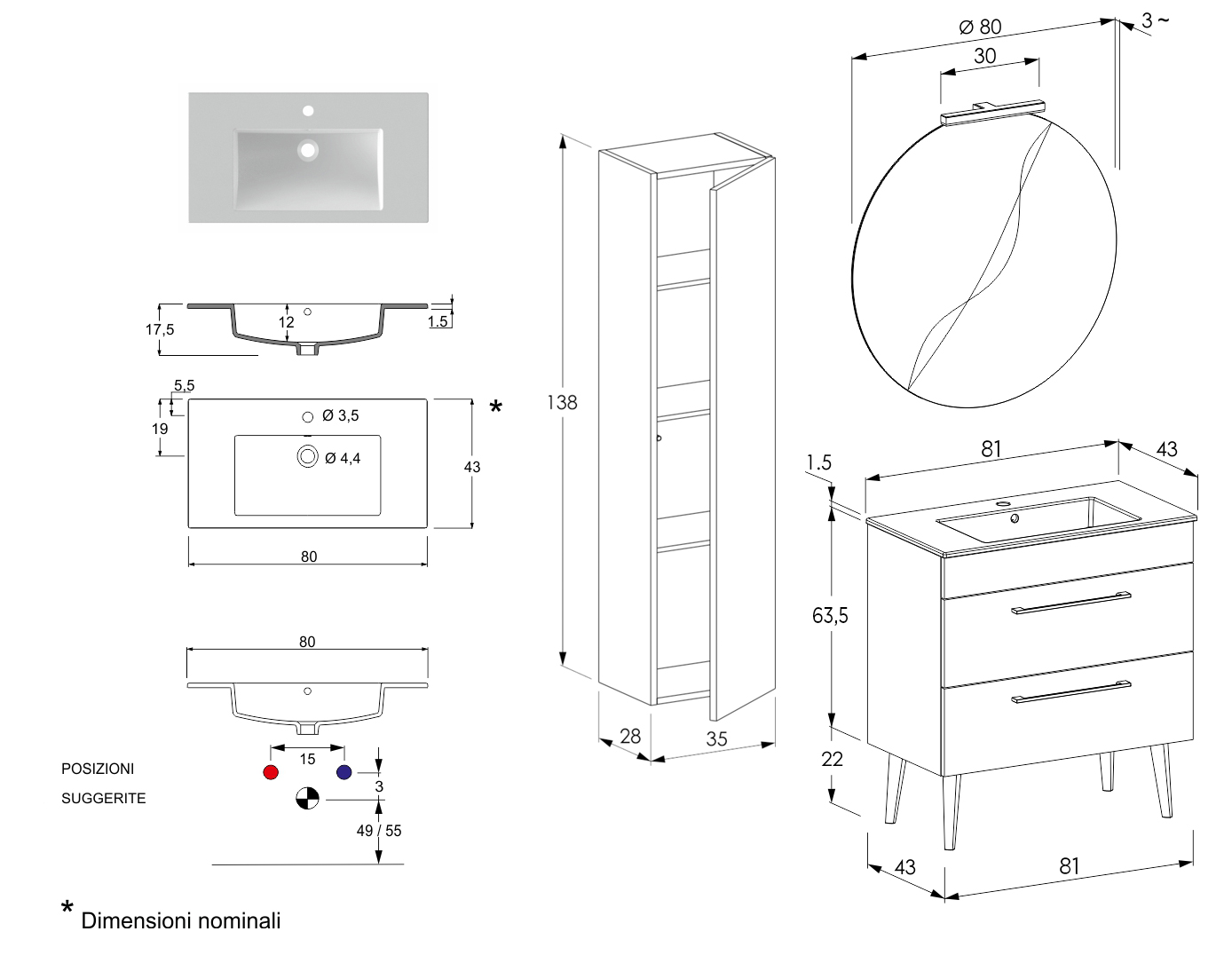 Mobile da bagno con lavabo integrato e piedini, Jog 3