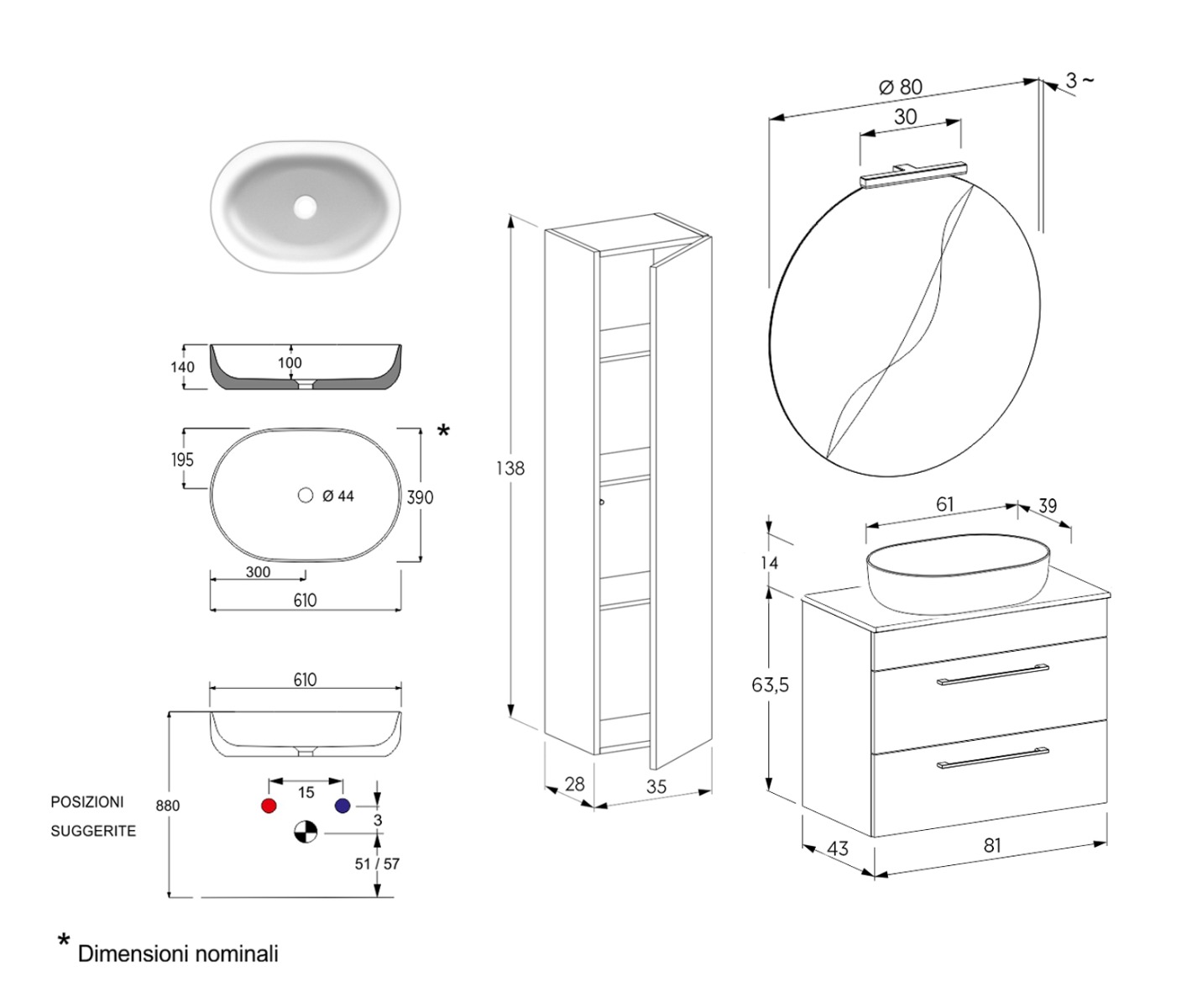 Mobile sospeso da bagno con 2 cassetti, Jog 3 Bis