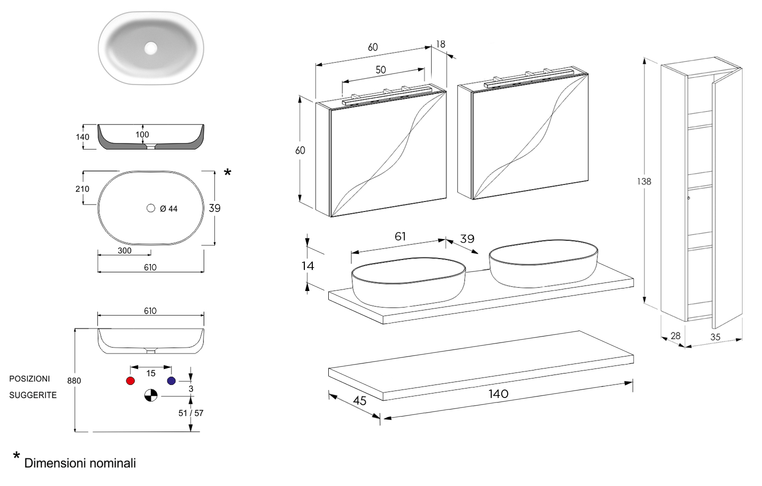 Offerta mobile bagno 2 piani per doppio lavello, Niagara 6 Bis