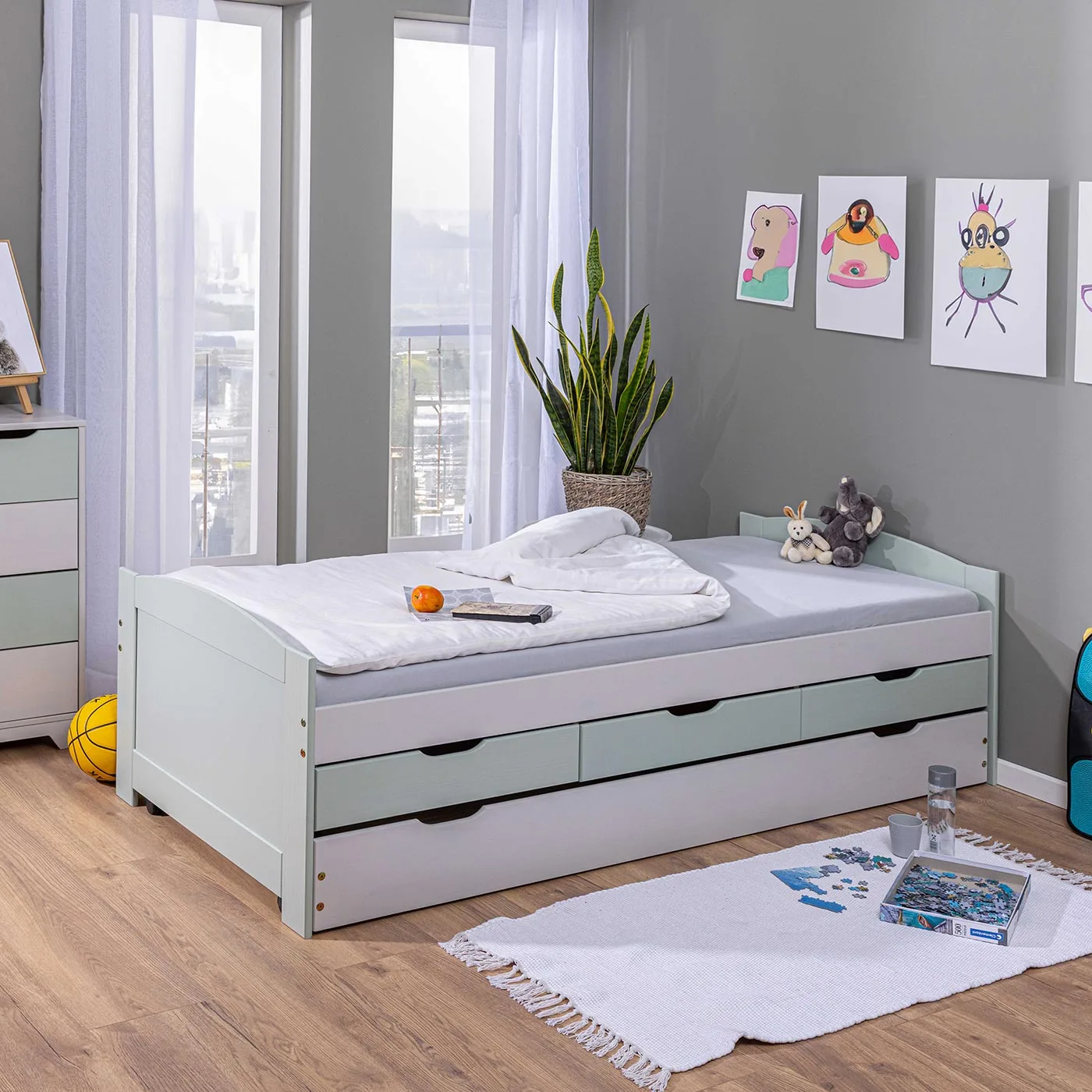 Divano letto con cassetti, secondo letto estraibile, Grigio chiaro e Salvia Zenzero Shop