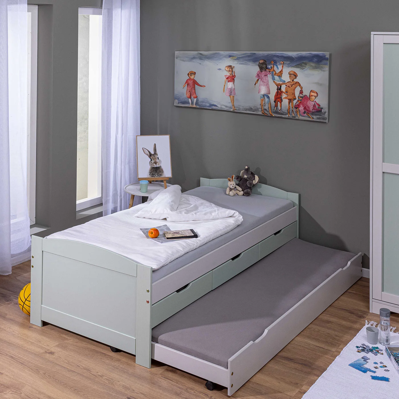 Divano letto con cassetti, secondo letto estraibile, Grigio chiaro e Salvia Zenzero Shop