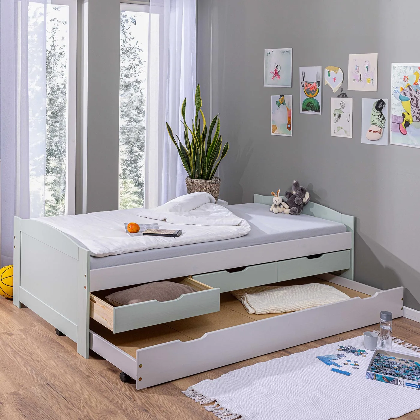 Divano letto con cassetti, secondo letto estraibile, Grigio chiaro e Salvia Zenzero Shop