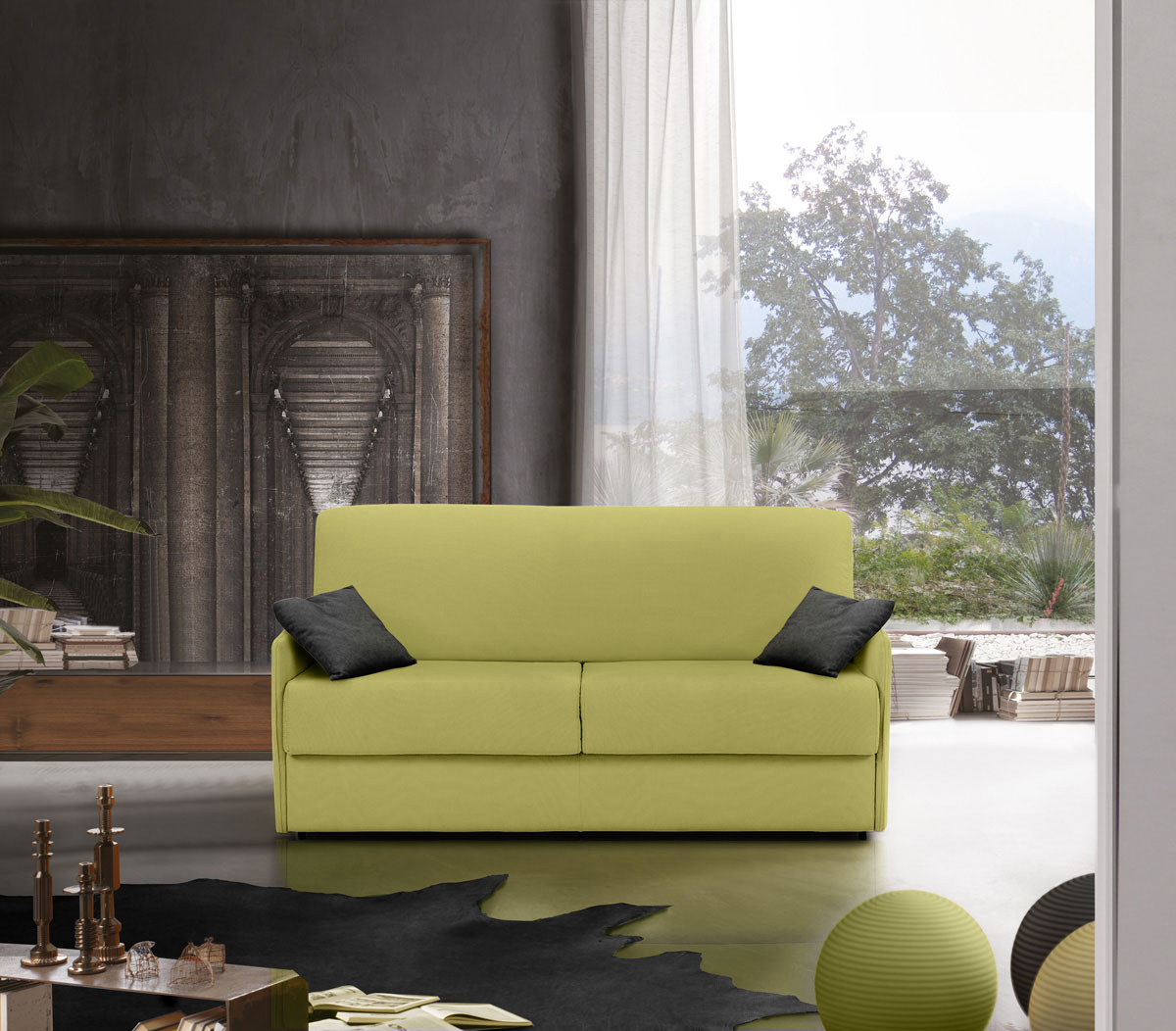 Divano letto Charlie a 3 posti, finitura tessuto Prato