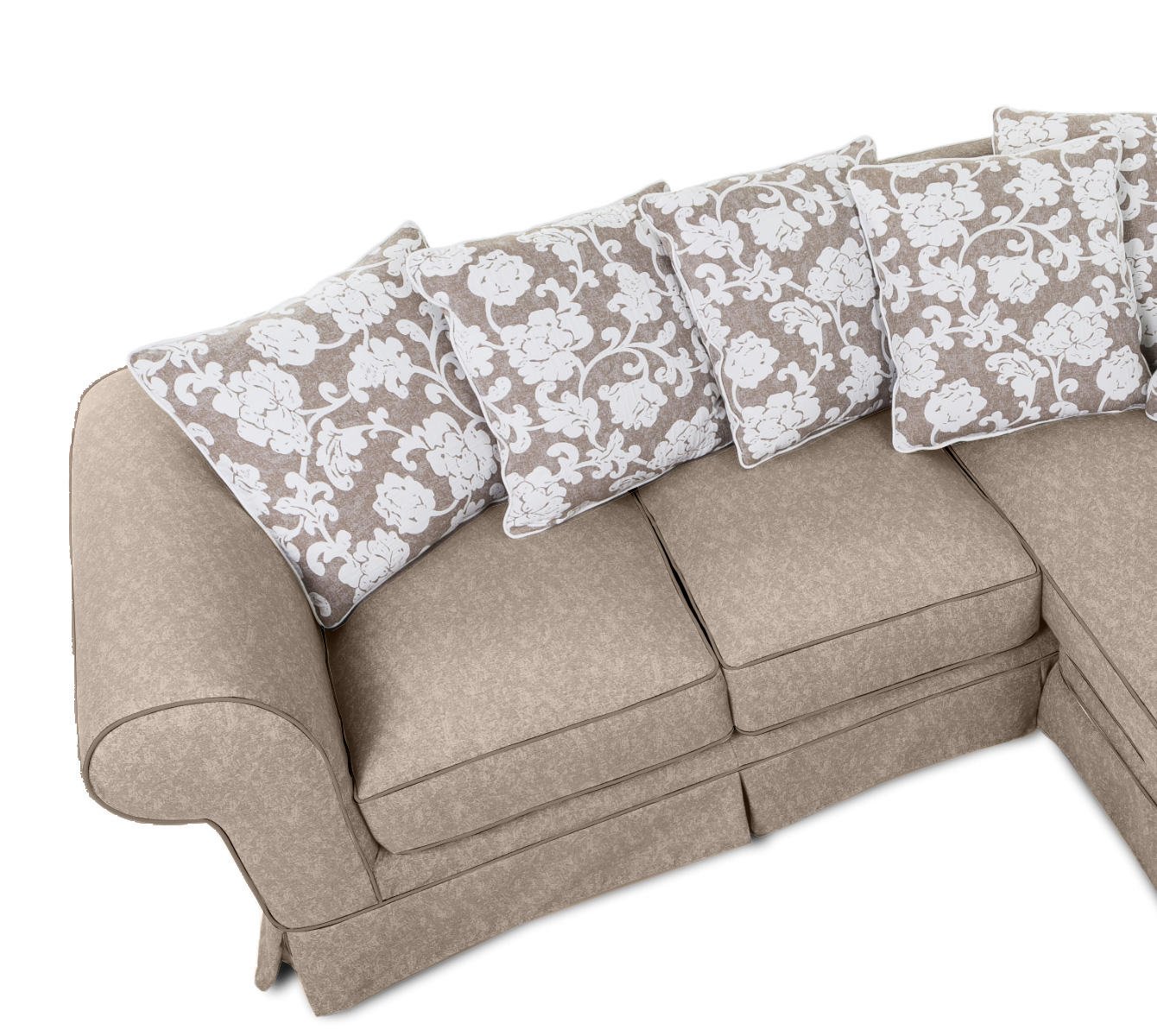 Divano moderno Nanga a 4 posti angolare,  color avorio e bordini castagno, made in Italy