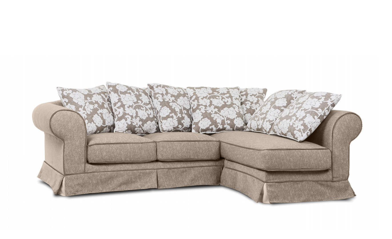 Divano moderno Nanga a 4 posti angolare,  color avorio e bordini castagno, made in Italy