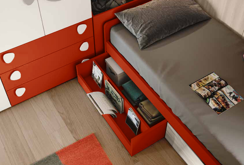 Divano letto con cassettoni libreria in Bianco altea e Corallo