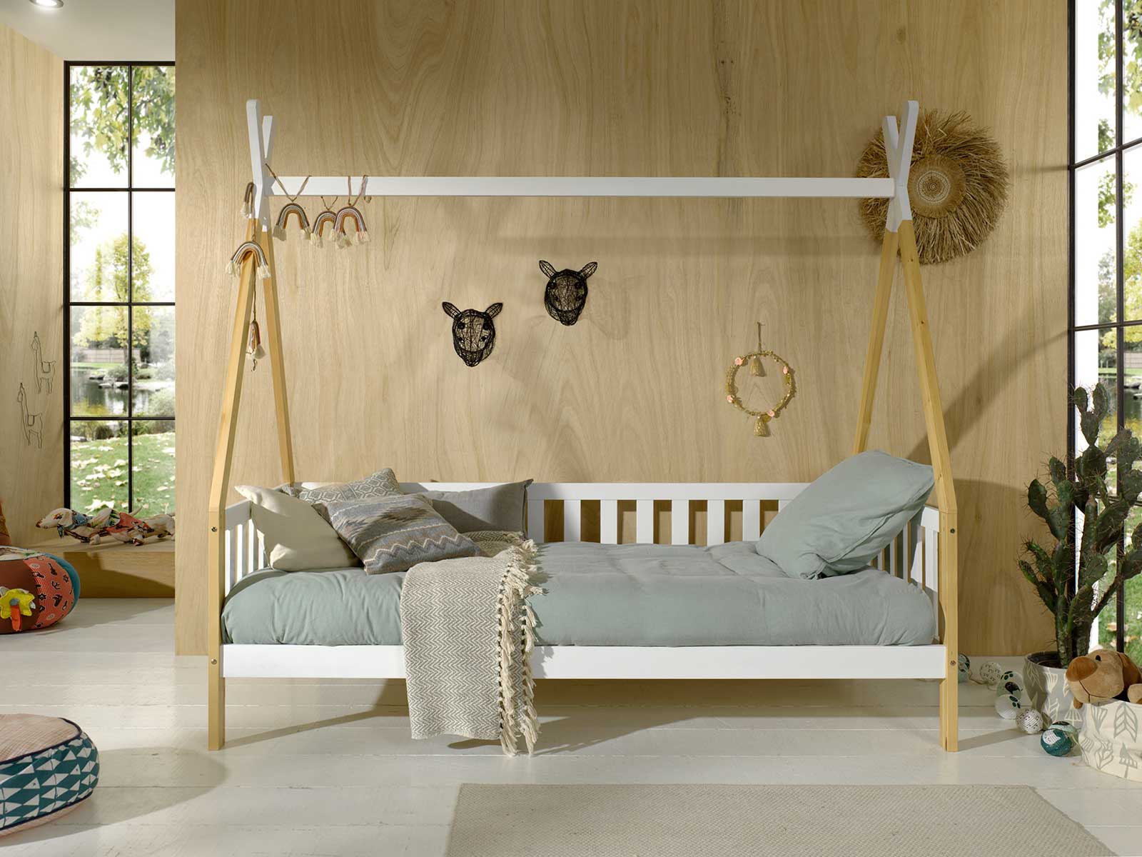Divano letto  montessoriano per camerette in Pino naturale e Bianco laccato