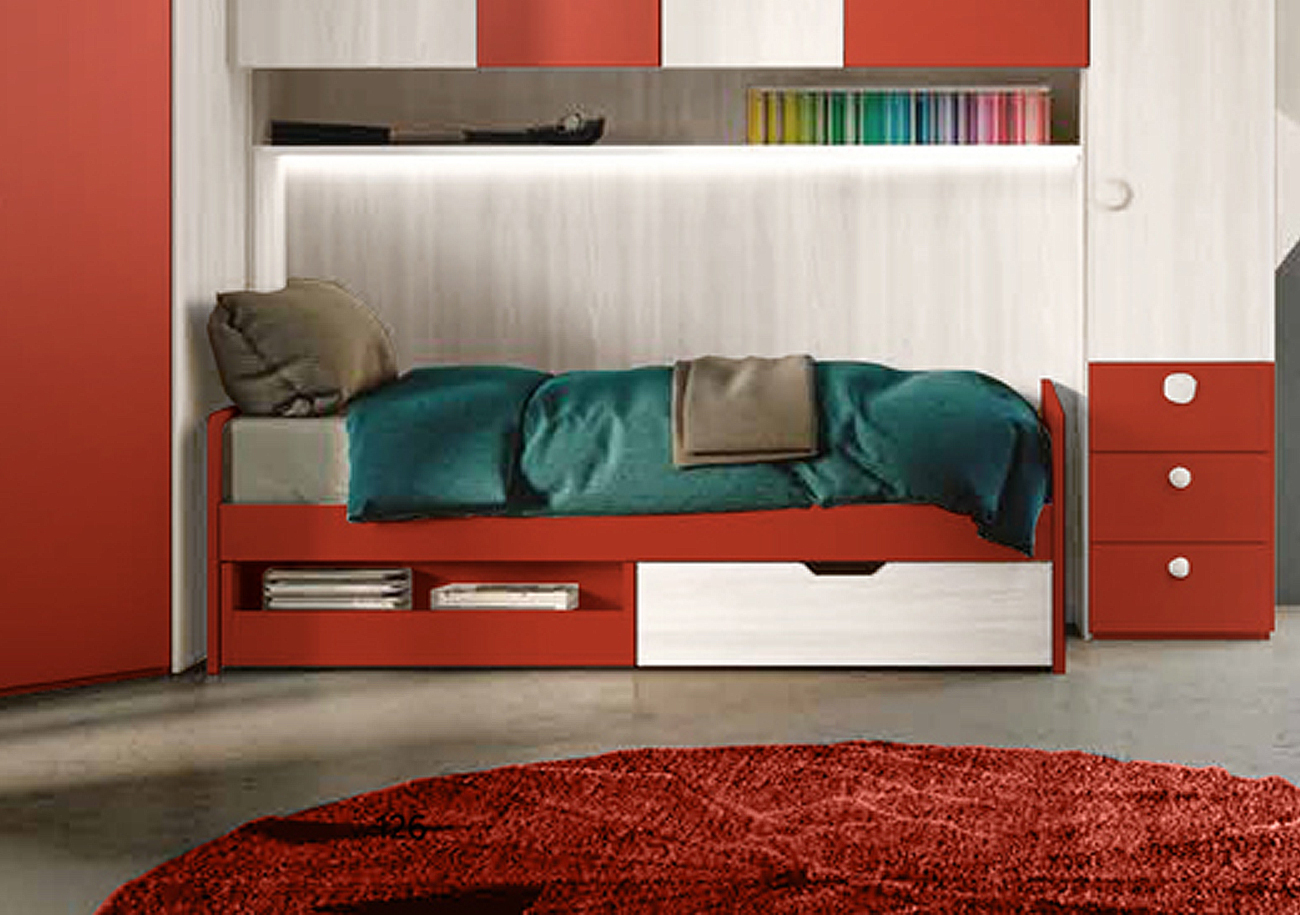 Divano letto con cassettoni libreria in Bianco altea e Corallo