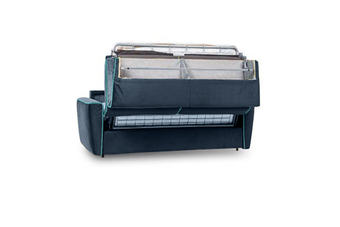 Divano letto Everest a 3 posti, in tessuto sfoderabile, colore Blu notte con filetto color Turchese