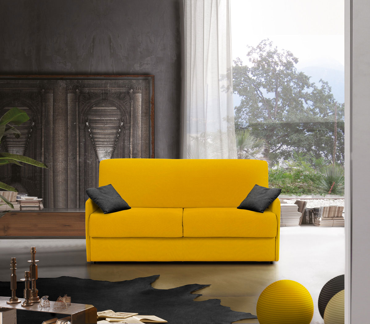 Divano letto moderno Charlie, 3 posti, finitura tessuto Cedro