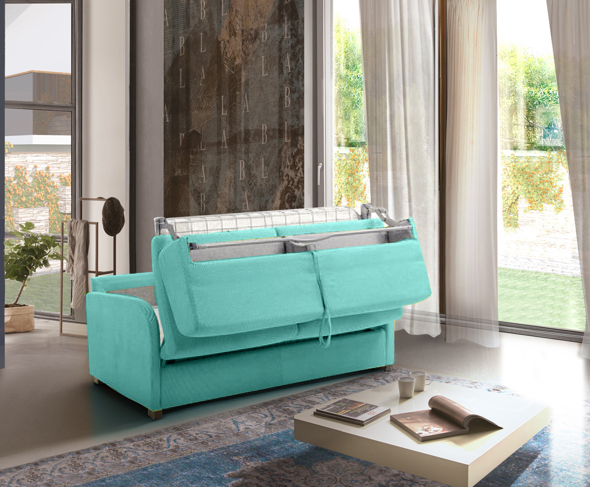 Divano letto 3 posti Charlie, finitura tessuto Cielo
