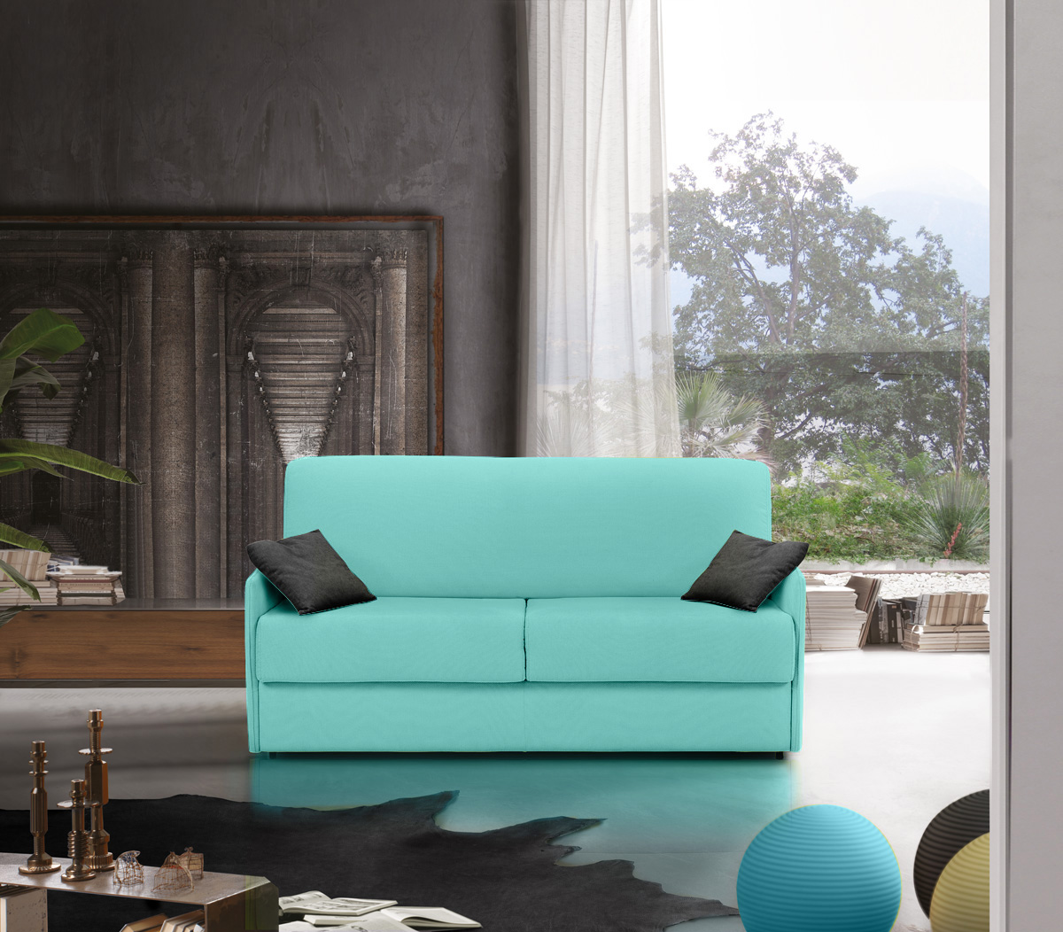 Divano letto 3 posti Charlie, finitura tessuto Cielo