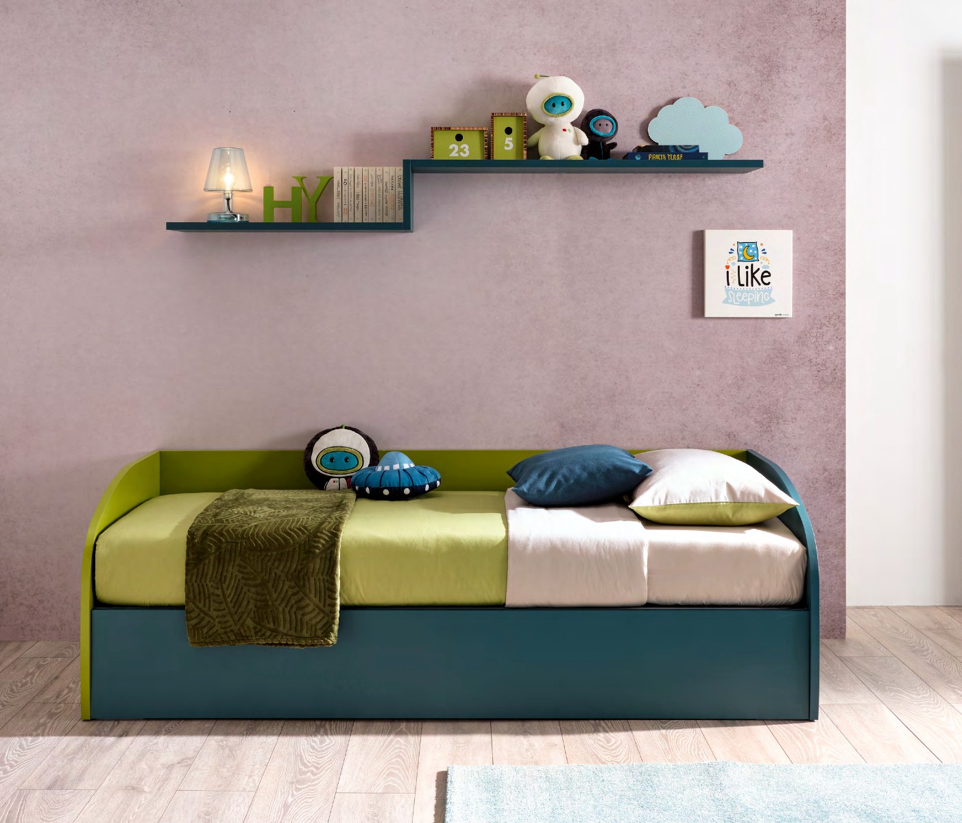 Divano letto Sail Moretti Compact con contenitore, Pavone e Oliva