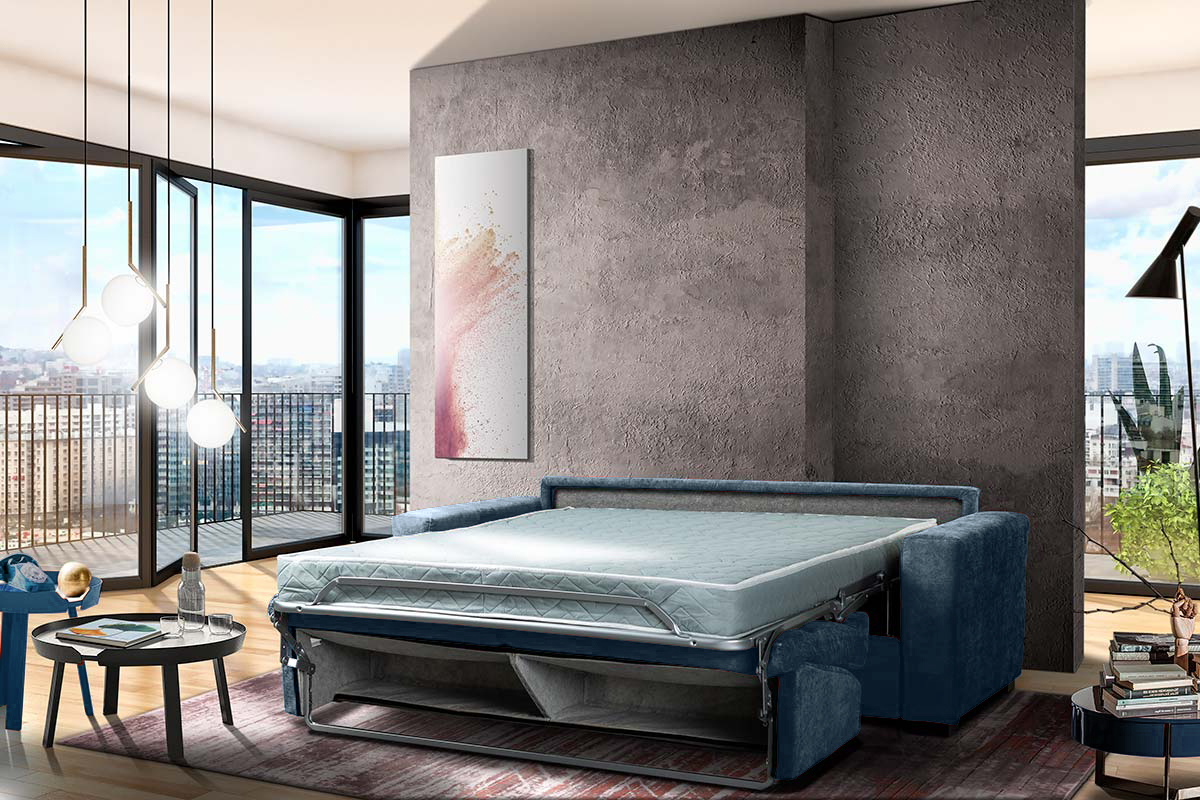 Divano letto Blu petrolio sfoderabile, 3 posti