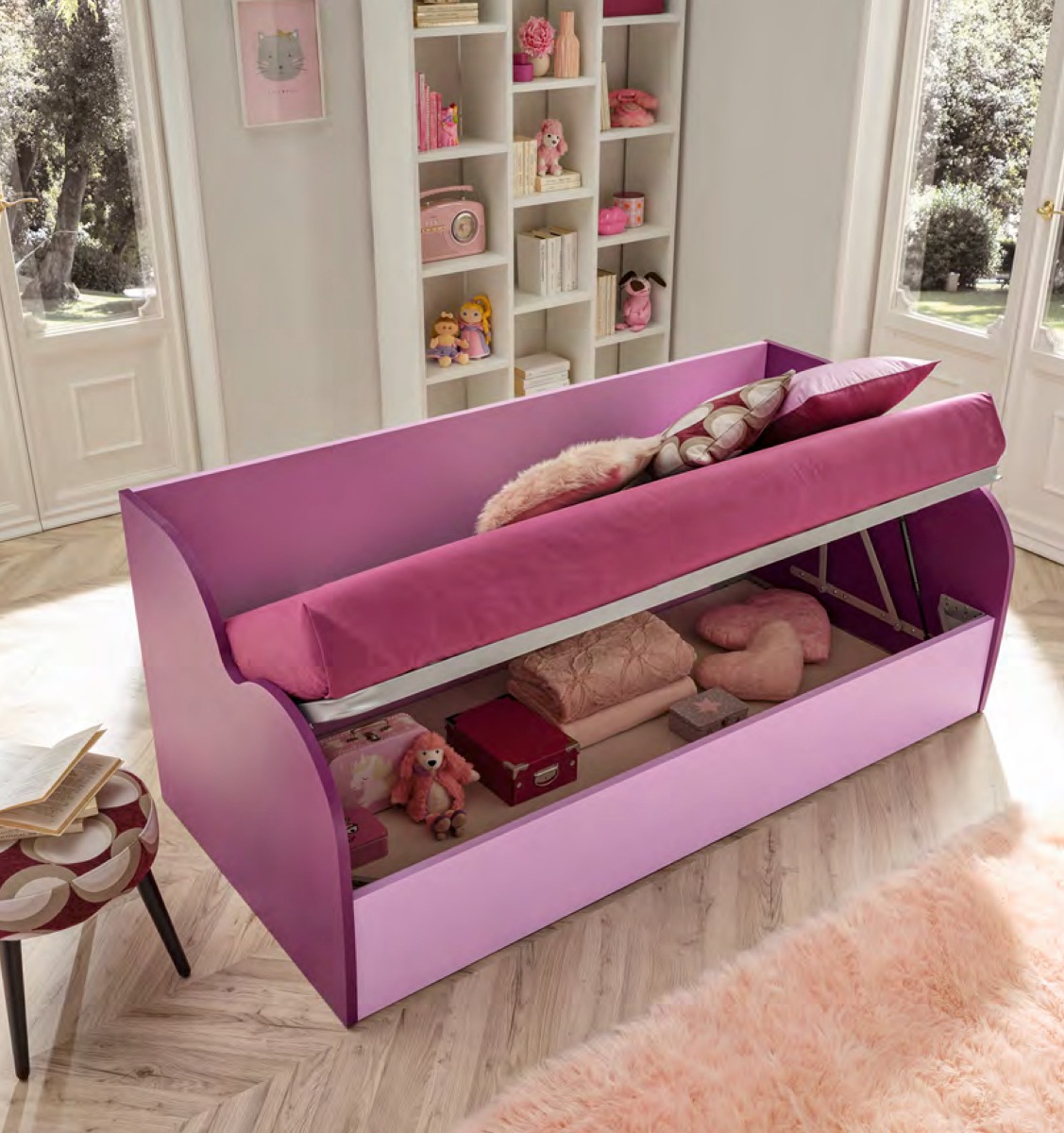 Divano letto Air Moretti Compact con contenitore, finitura Lampone e Lilla