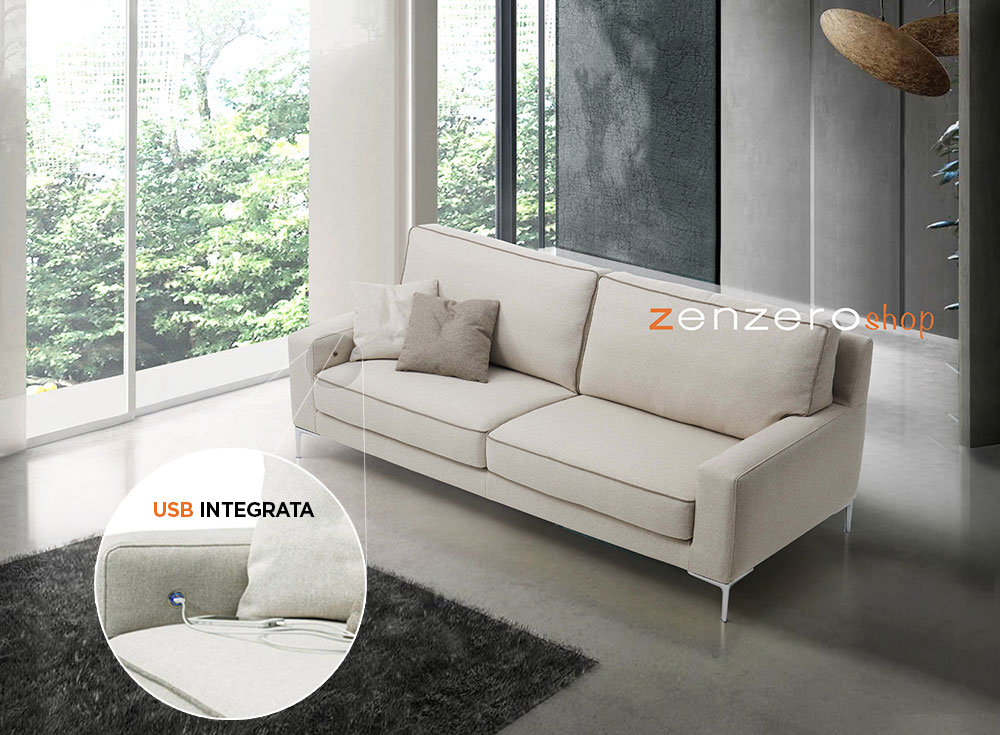 Divano Tor a 2 posti con presa USB integrata, tessuto Burro con bordino Grigio Chiaro